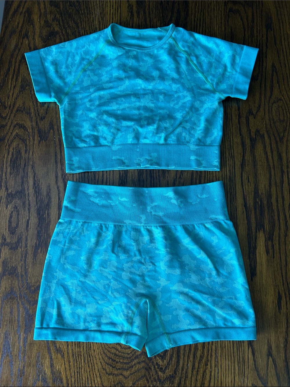 Teal Camo Seamless Crop Top & High-Waist Shorts Set